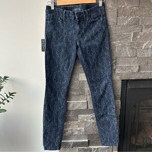 Koral Dark Blue Velvet Damask Patterned Skinny Jeans